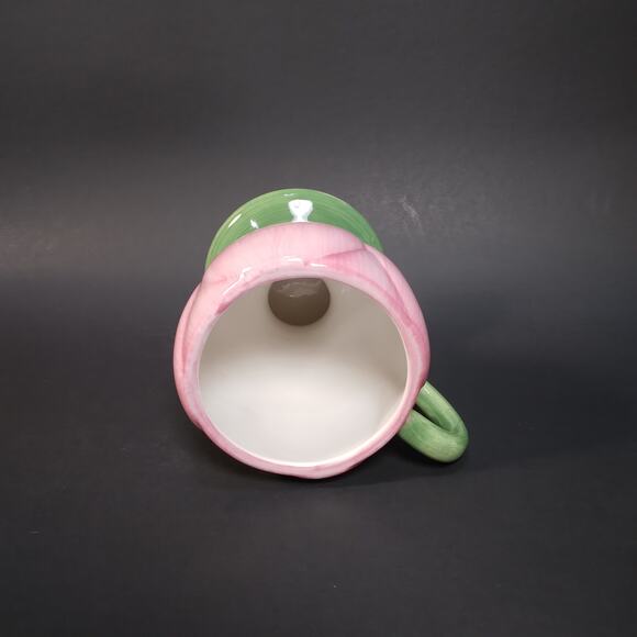 Pretty Pink Tulip Teacup Green Footed Base, Vtg '90s Pastel Spring Easter Decor - Picture 5 of 7